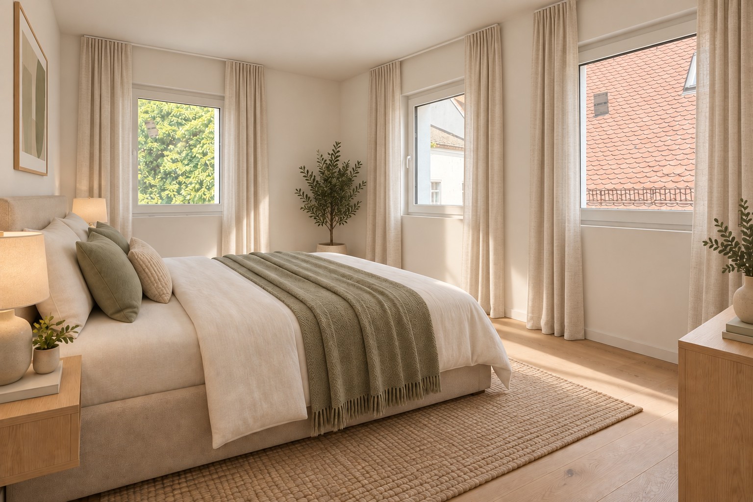 Schlafzimmer vom Eingang aus mit Doppelbett an der Innenwand und drei Fenstern